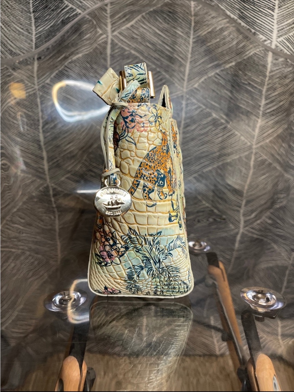 Brahmin Cream Tropical Croc-Embossed Crossbody with Teal & Orange Accents - Picture 3 of 11